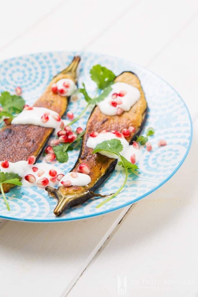 Pomegranate Masala Grilled Aubergine Yogurt