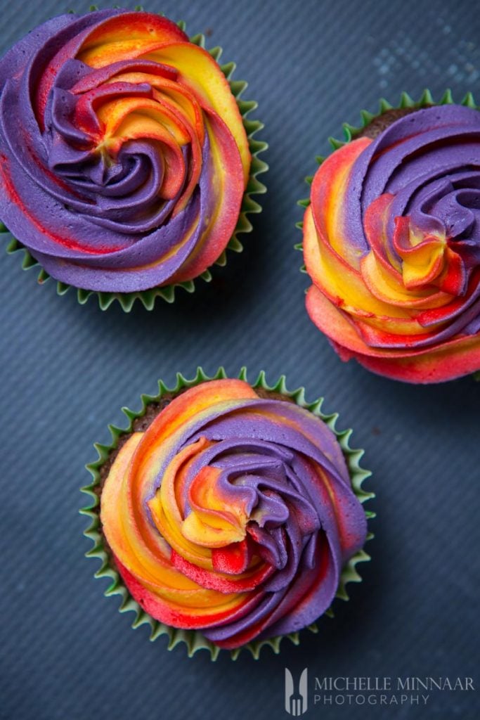 Rainbow cupcakes with cream cheese frosting