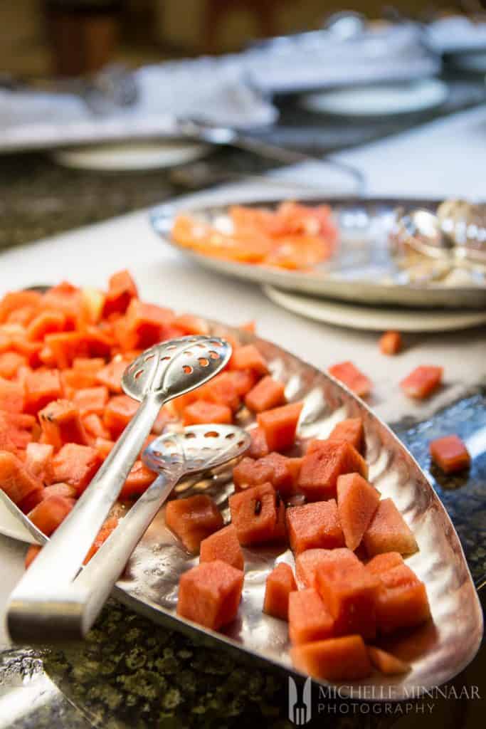 watermelon cubes on platter