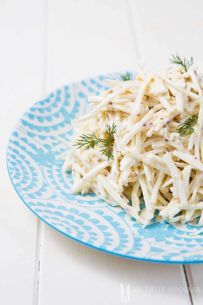 A close up of celeriac remoulade with dill