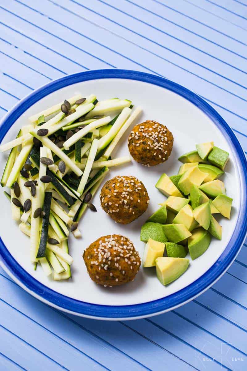 Mung Bean Balls, salad and avocado.