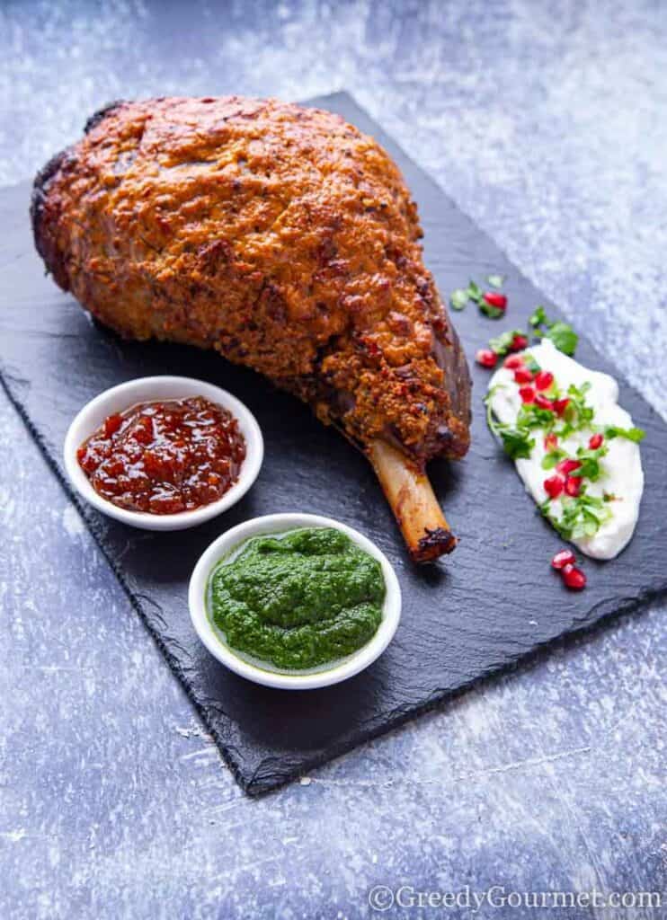 Slow cooked leg of lamb with dipping sauces