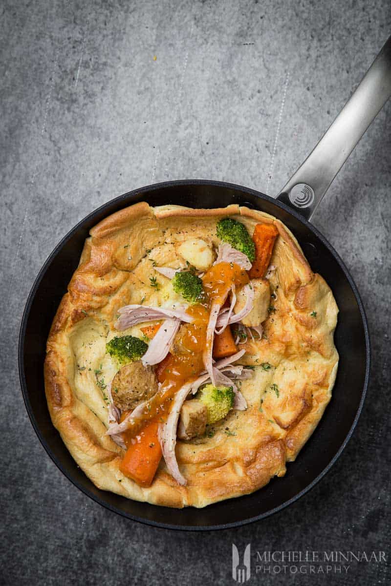 Yorkshire Pudding Wrap with vegetables in a saute pan 