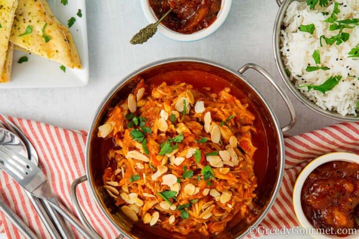 Leftover Turkey Curry with naan, rice and chutney