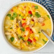 Bright yellow bowl of turkey chowder