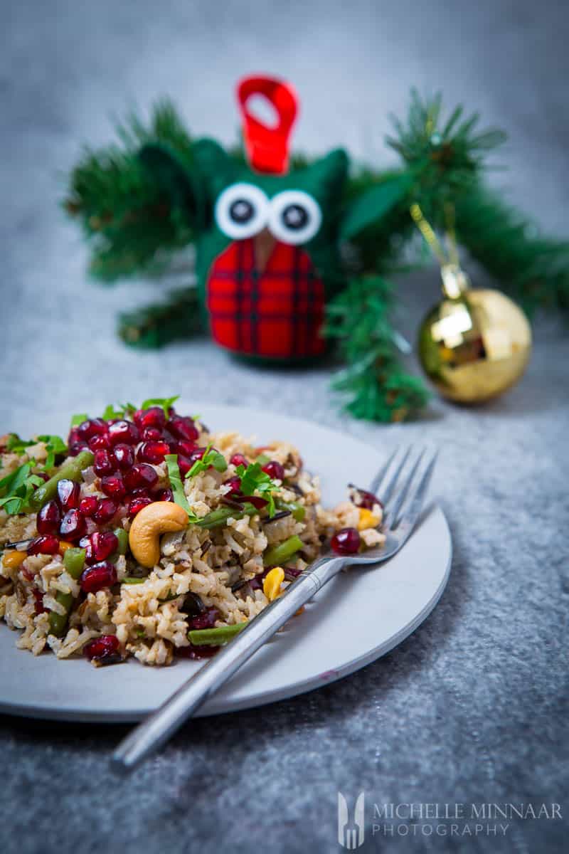 Christmas rice, with pomegranates, cashews, green beans, and corn.