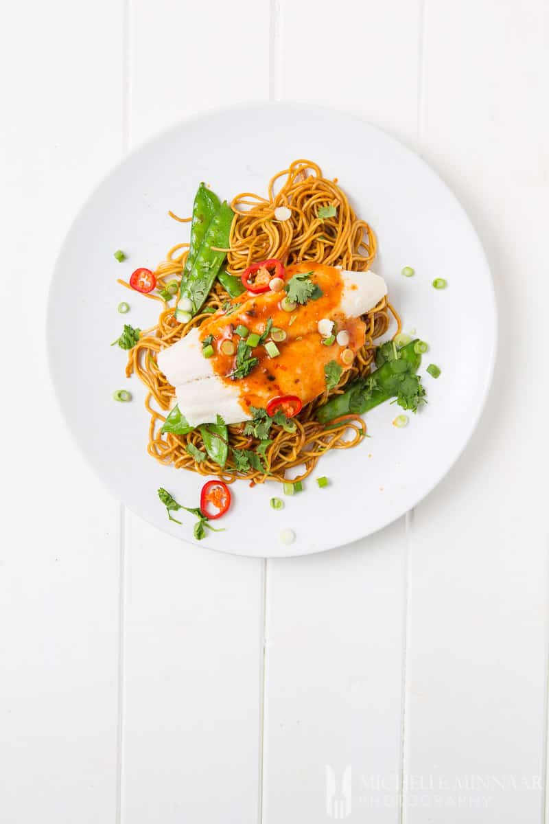 Veg Noodles Baked Basa