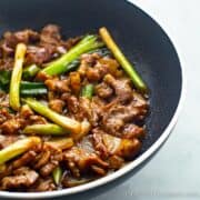 Close up of a mongolian lamb stir fry