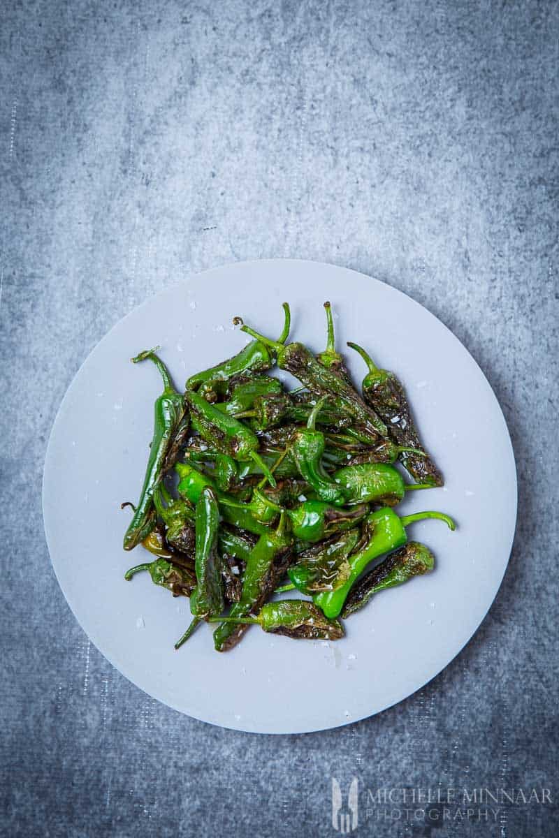 A plate of green Pimientos de Padrón