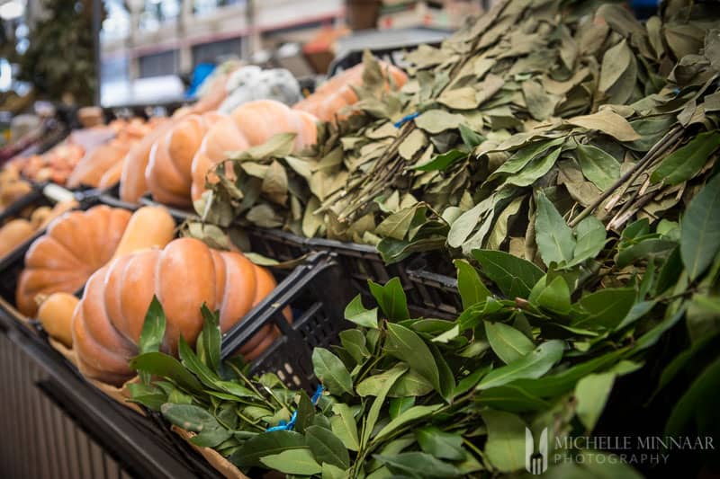 Bay leaves in baskets at market