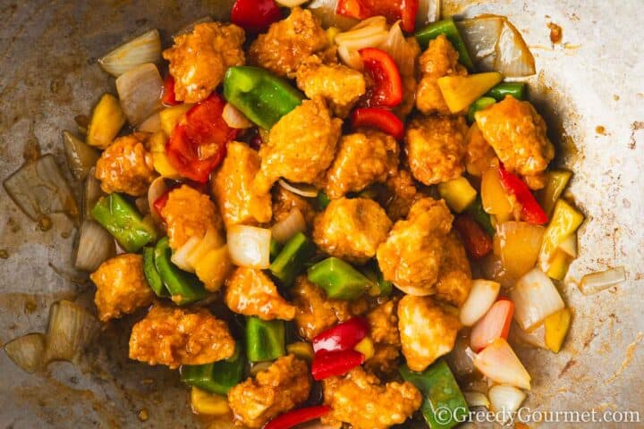 Cooked sweet and sour chicken.