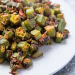 Up close view of cooked okra for Bhindi Bhaji