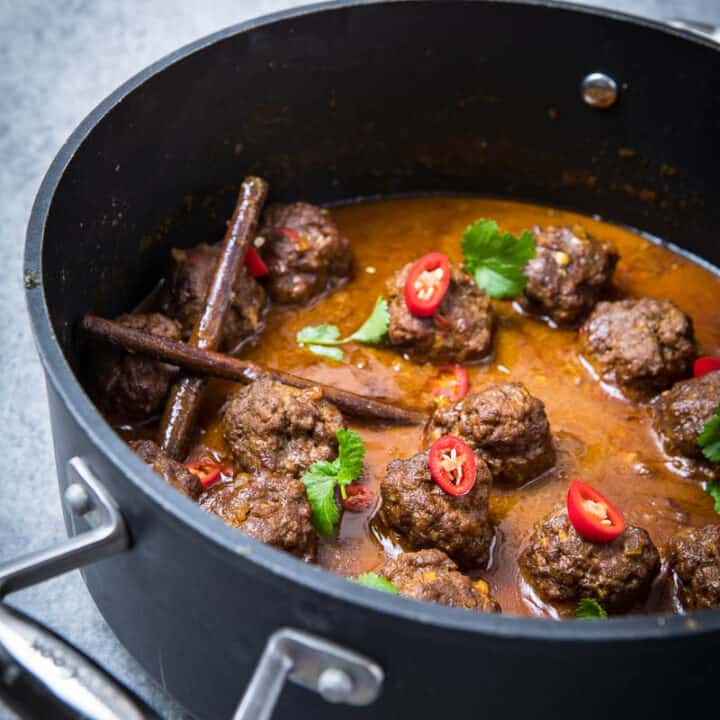 beef kofta curry in a saucepan