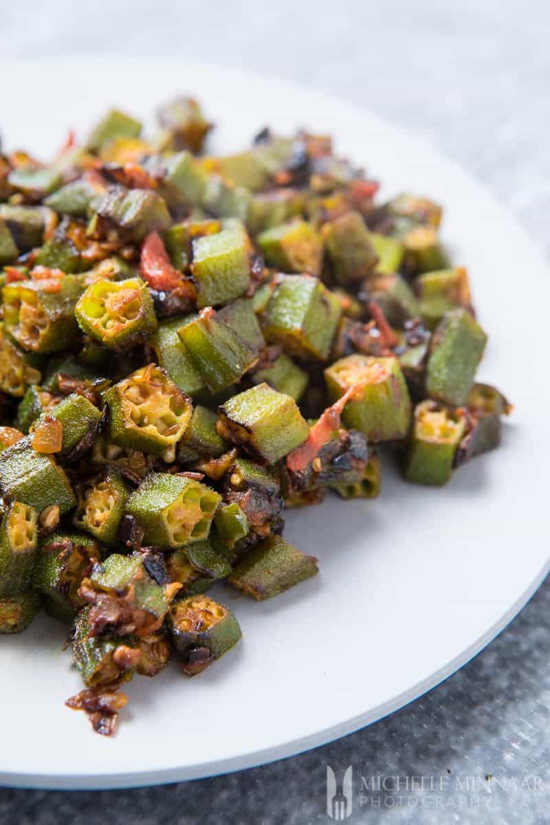 Bhindi Bhaji which is a plate of okra chopped up with seasoning