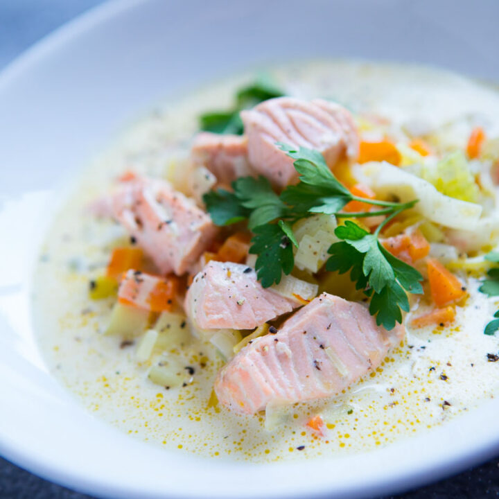A bowl of Salmon Soup