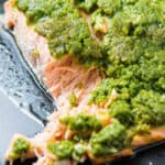 A close up of Pesto Baked Salmon