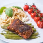 A close up of blackened cod