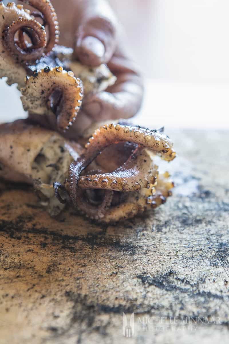 Sliced cooked Octopus on a table