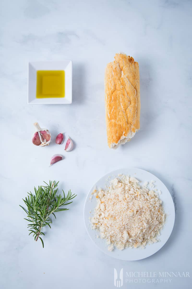Ingredients for Pangritata - Garlic oil Rosemary Baguette Breadcrumbs