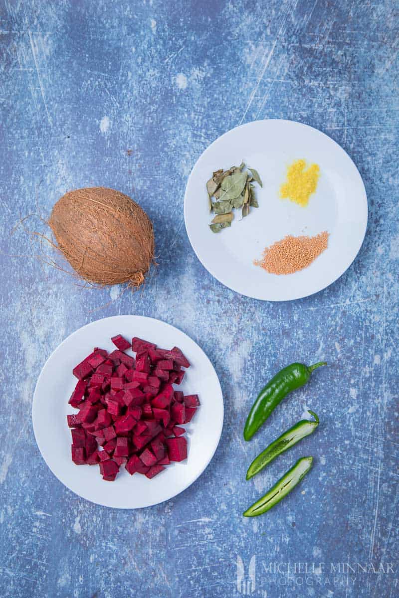 Ingredients for Beetroot Poriyal - Cubed beets Chili Coconut Spices