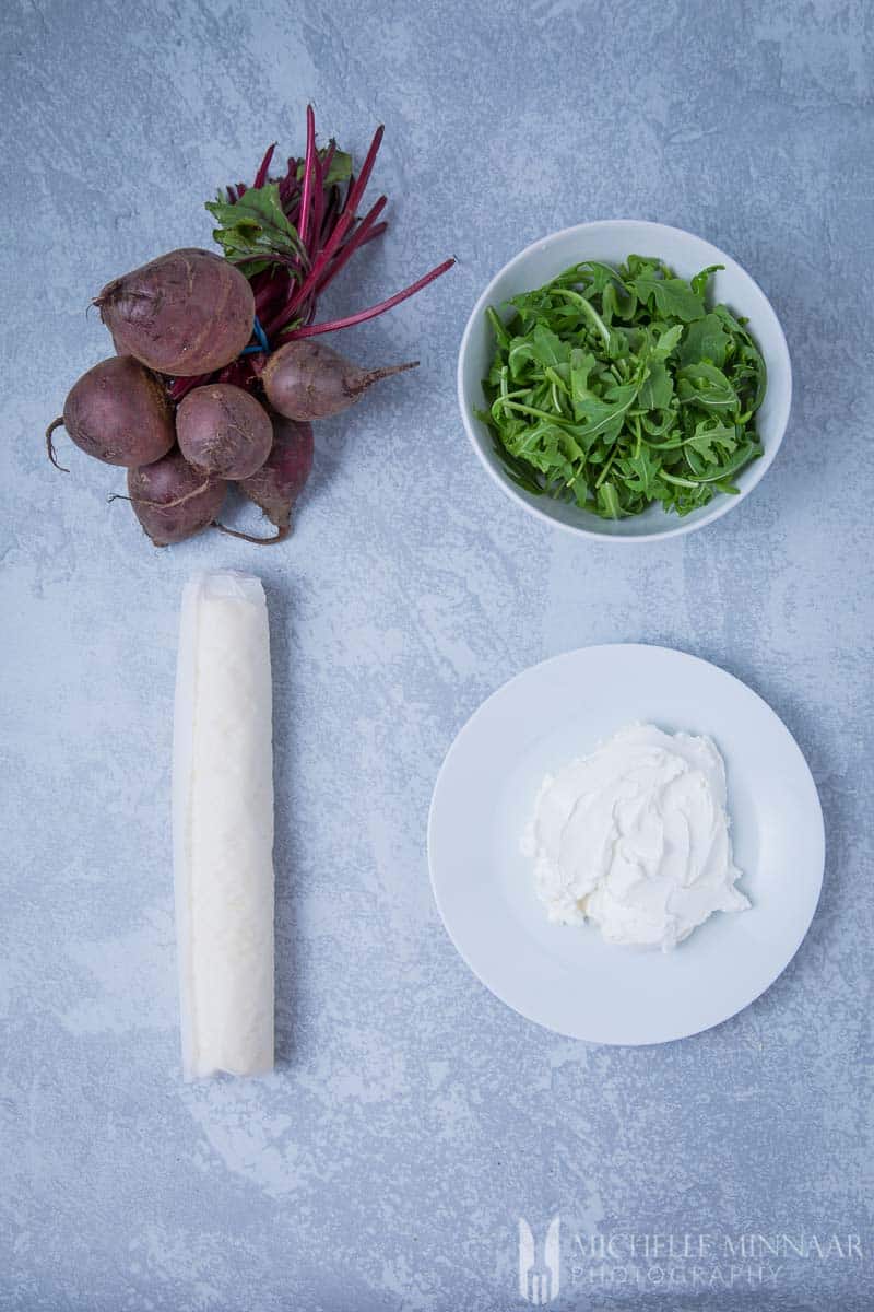 Ingredients for goat's cheese and beetroot tart: Beetroot Rocket Lettuce Goats Cheese