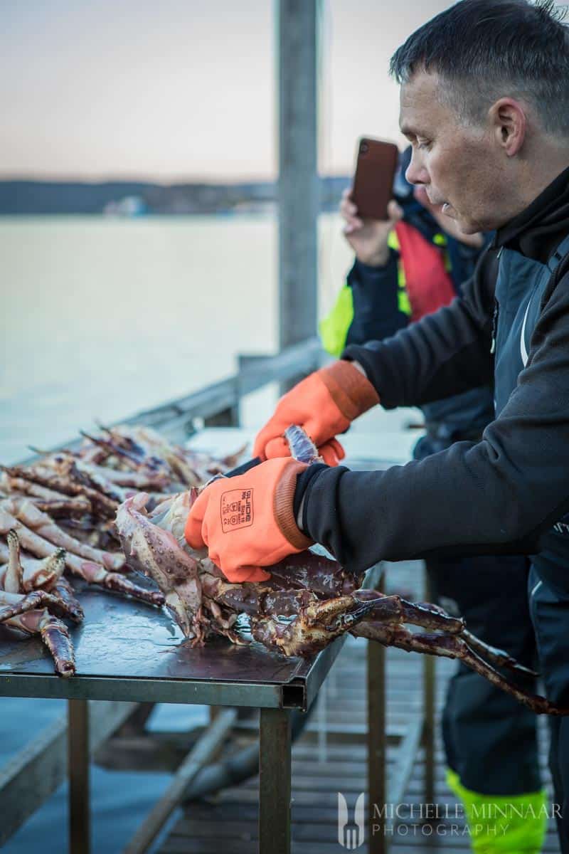 A fisherman preparing a crab for steamed crab legs