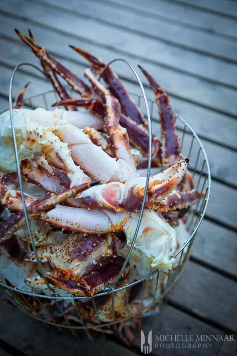 A basket for of King crabs ready to be steamed