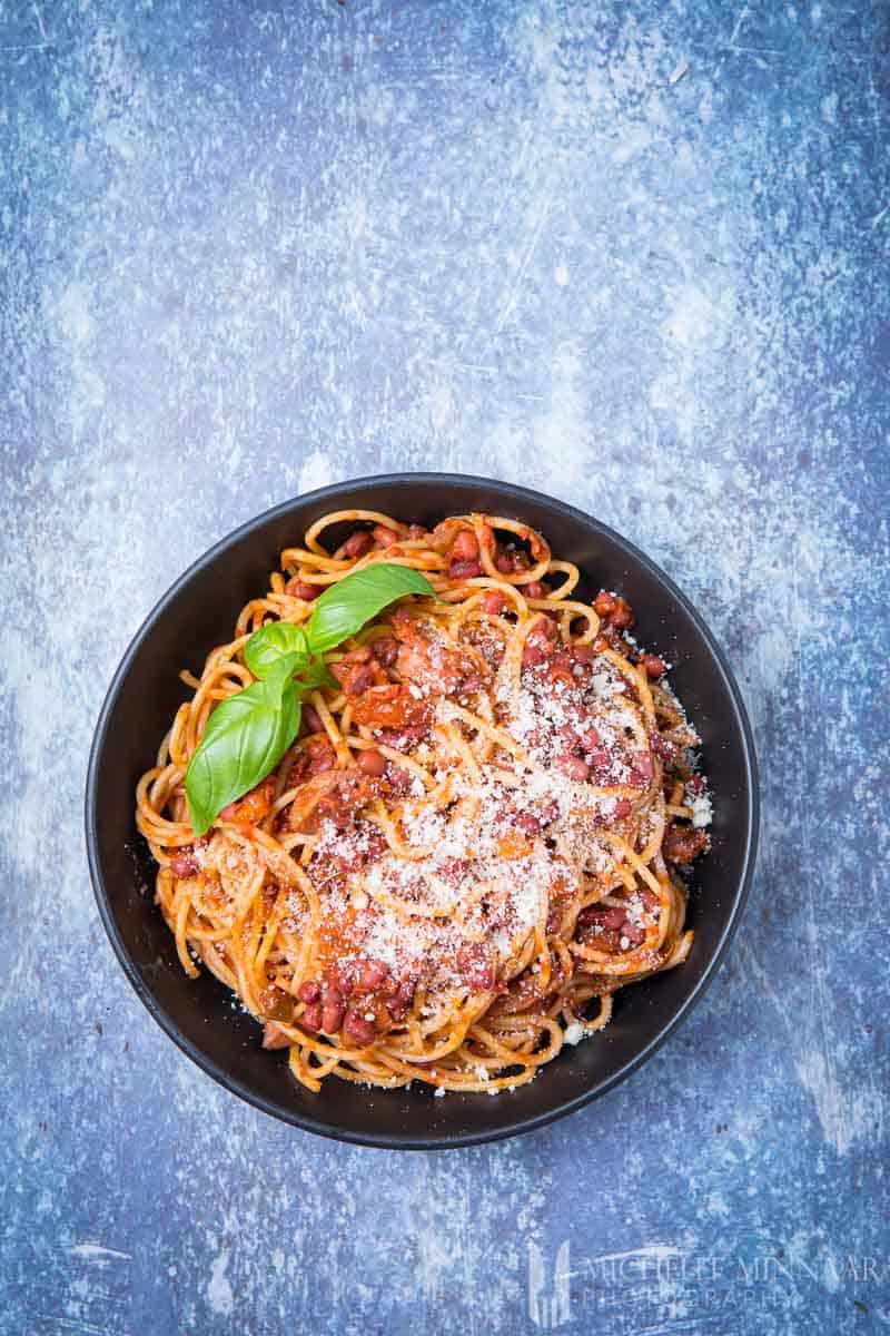 An aerial view of vegan spaghetti bolognese