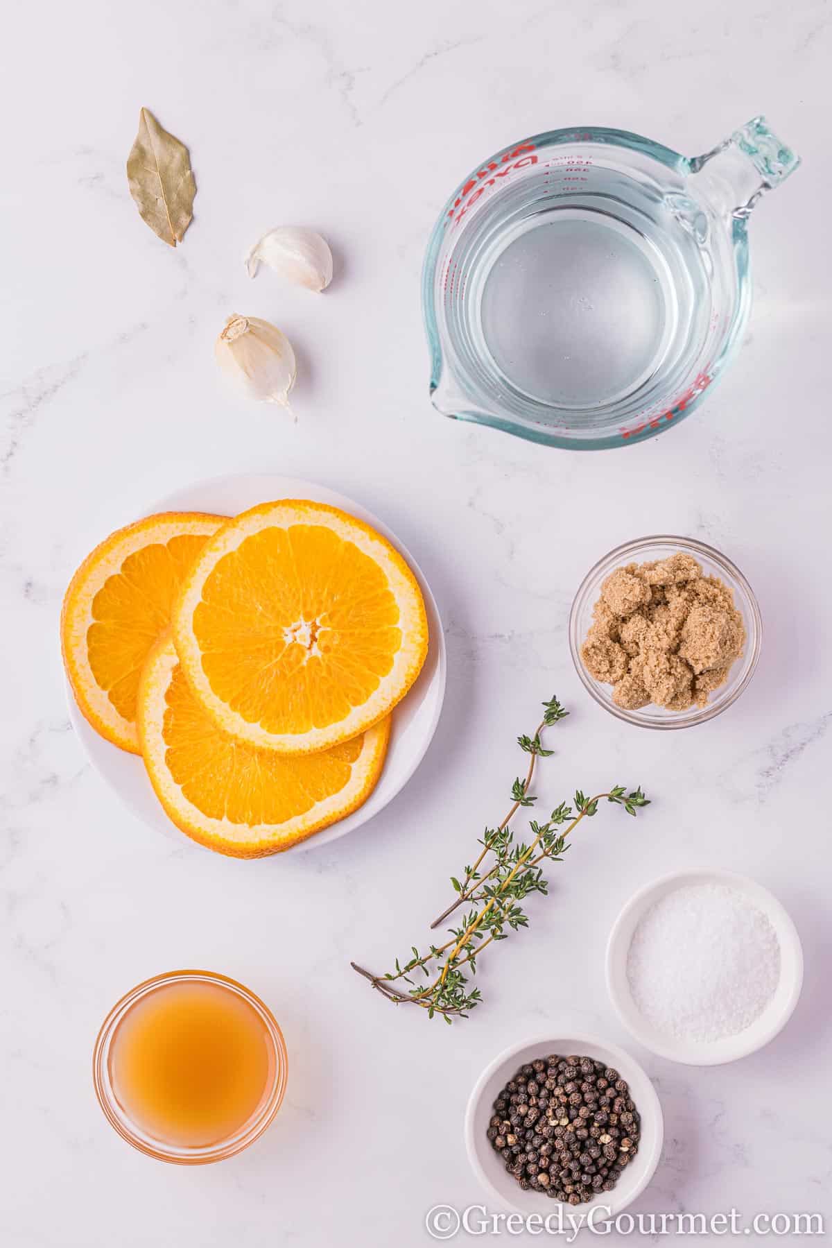 Ingredients for chicken brine on a table.