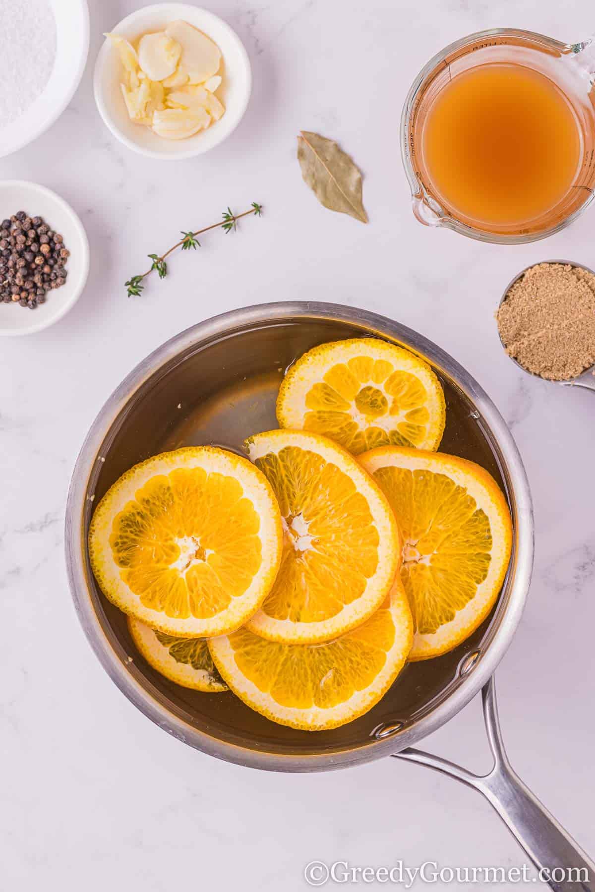 Orange slices in a pan,