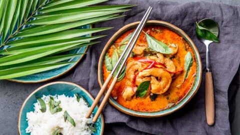 Full thai meal, white rice and red curry dish