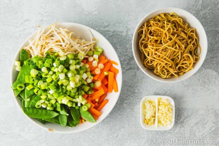Vegetables, noodles, garlic and ginger.