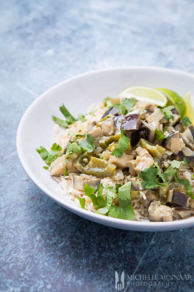 A close up of the curry on top of rice