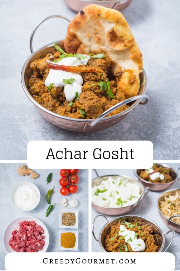 Achar gosht, also known as achari gosht, is a spicy Pakistani curry which combines tenderised meat (usually mutton or beef), pickled flavours and some heat. 