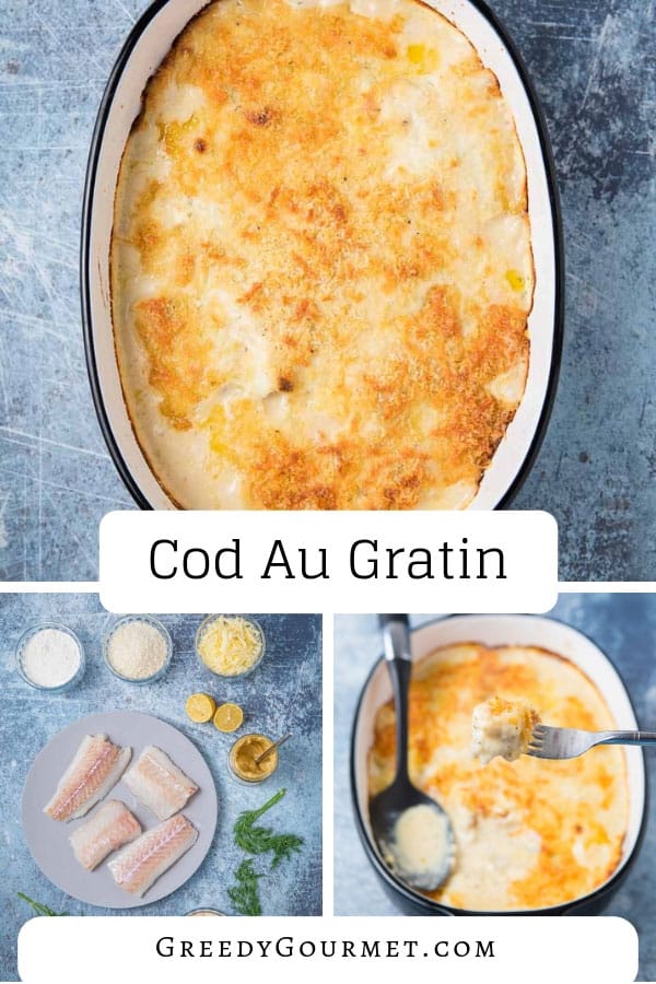 This cod au gratin is a cheesy seafood recipe using raw cod fillets, baked slowly in a creamy sauce. Topped with grated hard cheese and breadcrumbs.