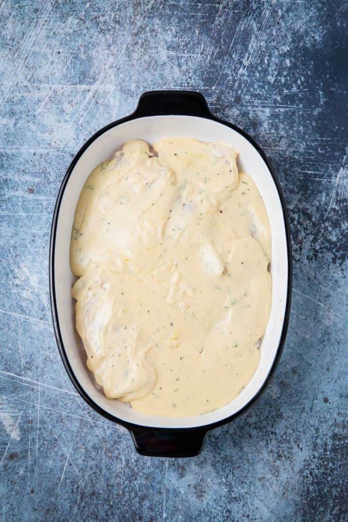 Bechamel Sauce in a white dish