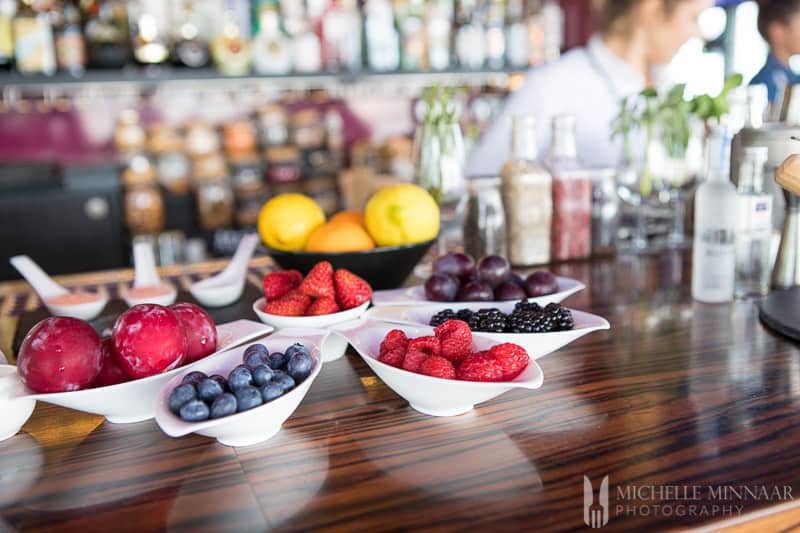 Six bowls of fruit 