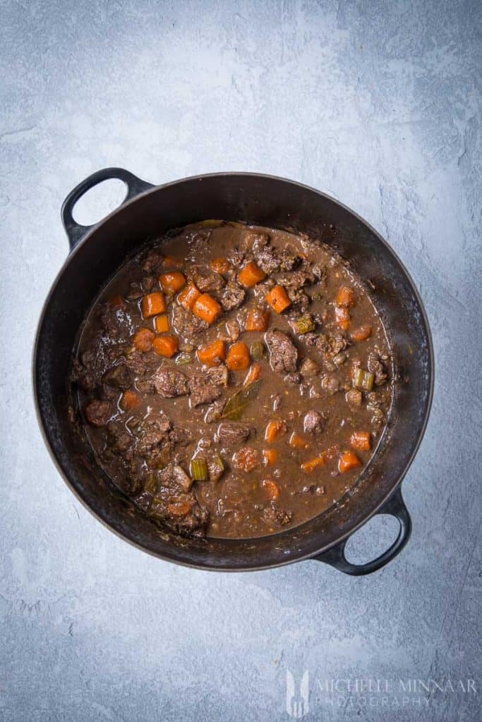 Venison stew in a casserole dish 