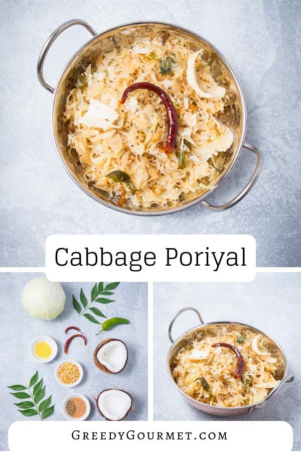 Cabbage poriyal is the ultimate spicy and Indian vegan comfort food. Made with shredded cabbage, spices and grated coconut. Traditional South Indian recipe. 