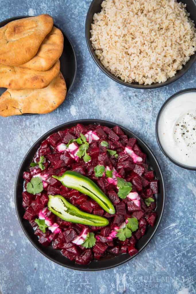 An indian meal : Beet Root Curry, Naan Rice Yogurt