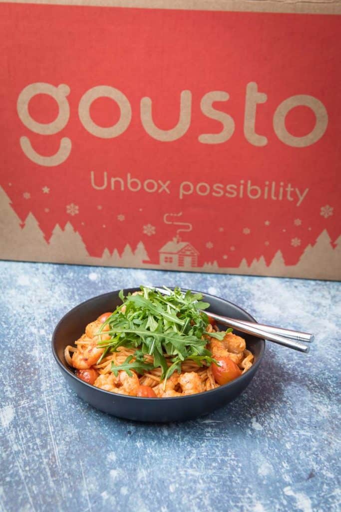 The gusto box and a bowl of chilli prawn pasta