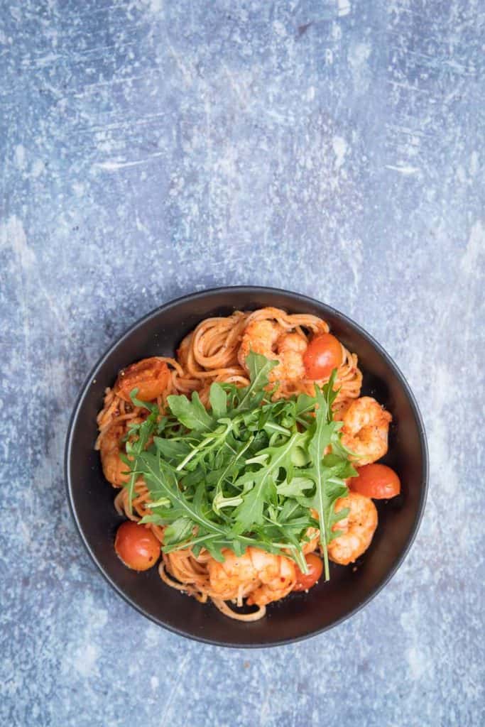 An aerial view of chilli prawn pasta
