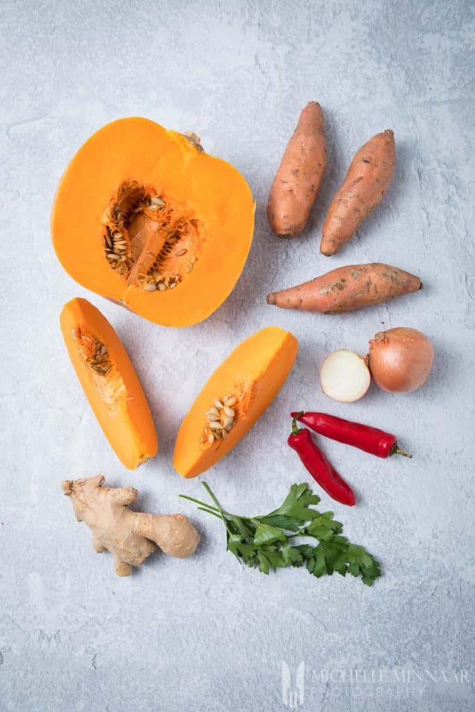 Ingredients to make pumpkin and sweet potato soup