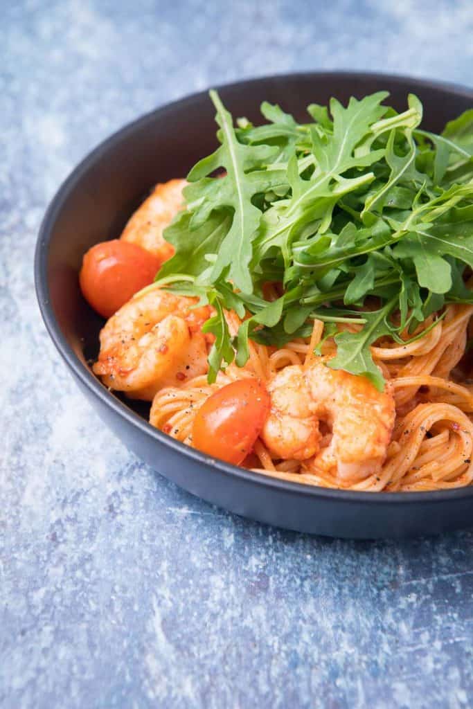 A close up of chilli prawn pasta