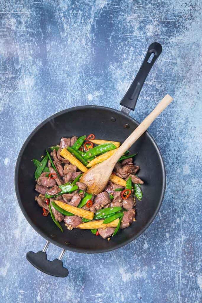 venison stir fry in a skillet