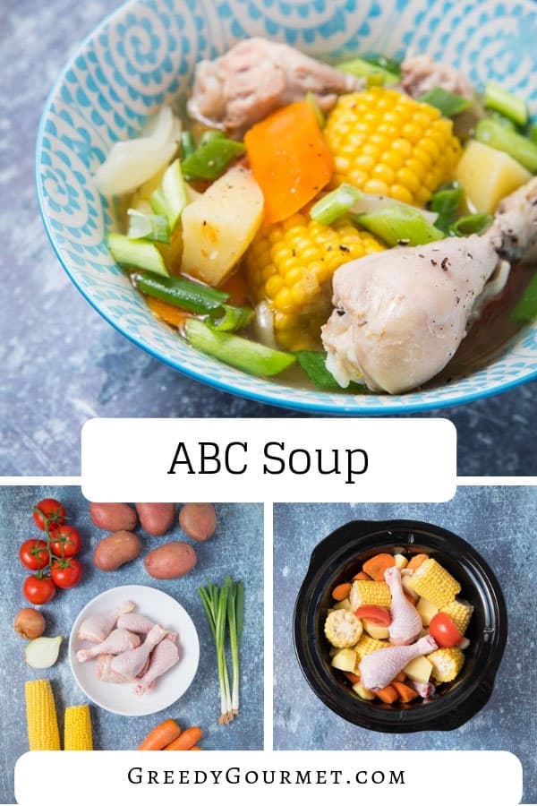 An ABC soup recipe is Asian and very common in Malaysian and Chinese cuisines. ABC soup stands for vitamins A, B & C from carrots, potatoes and tomatoes. 