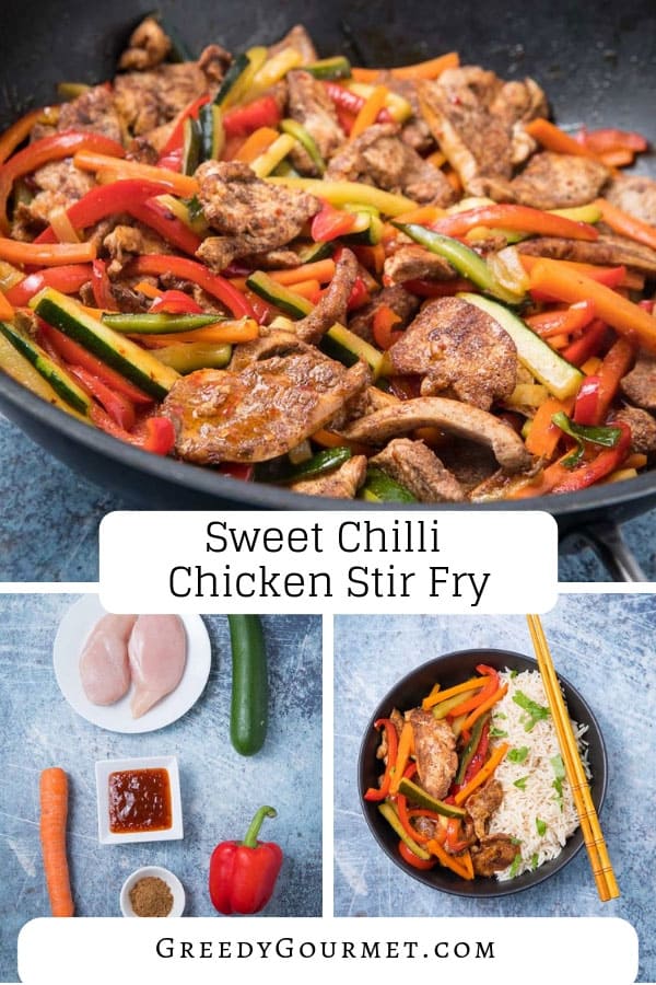 Make this sweet chili chicken stir fry recipe. You'll need humble ingredients like courgette, red bell peppers and carrots. Make your own variation & enjoy!