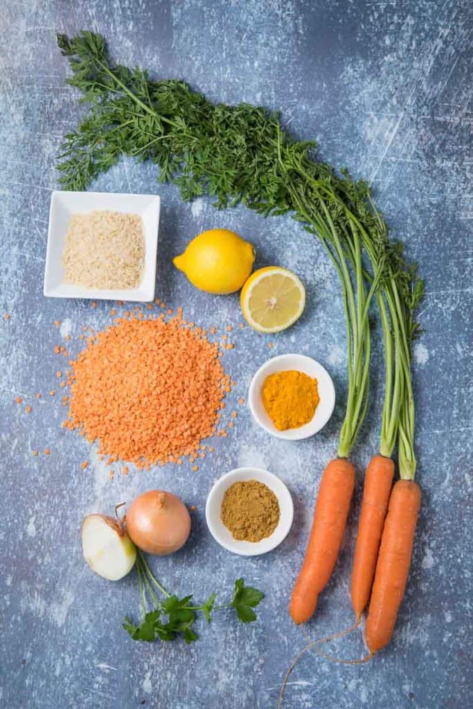 Ingredients to make Lebanese Lentil Soup on a counter 