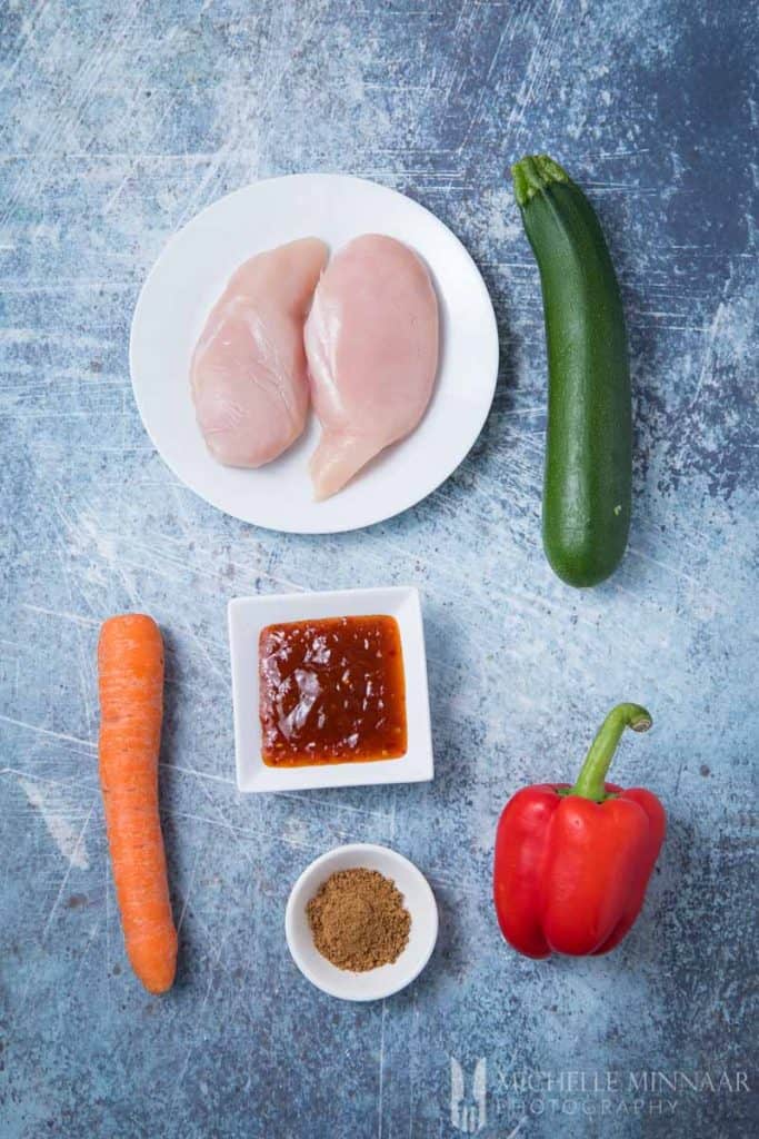 Ingredients to make sweet chili chicken stir fry