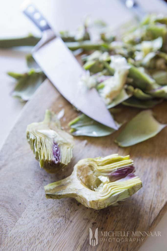 An artichoke heart cut in half 